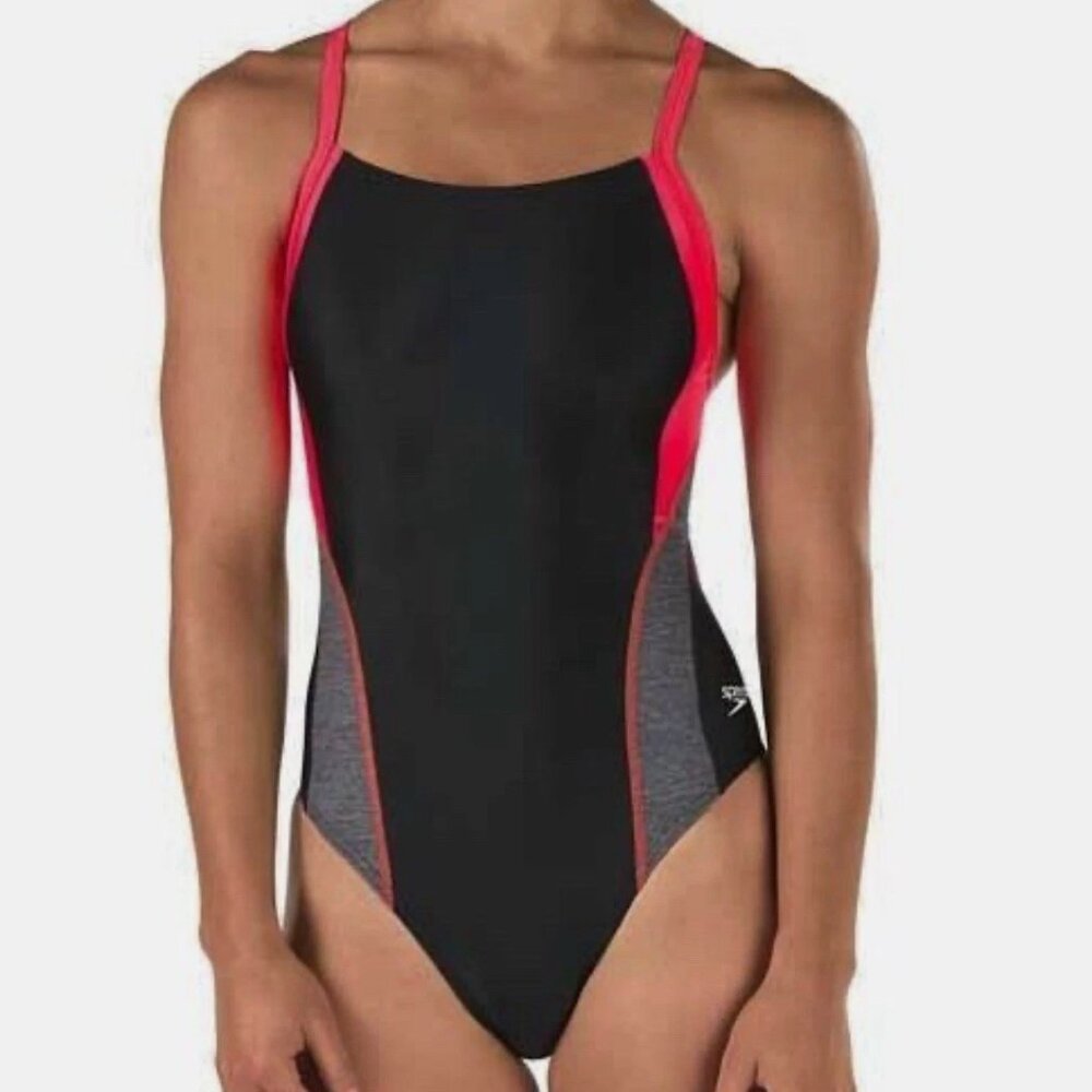 SPEEDO Relaunch Splice Flyback Black Red One Piece Swim Suit Womens Female Sz 28